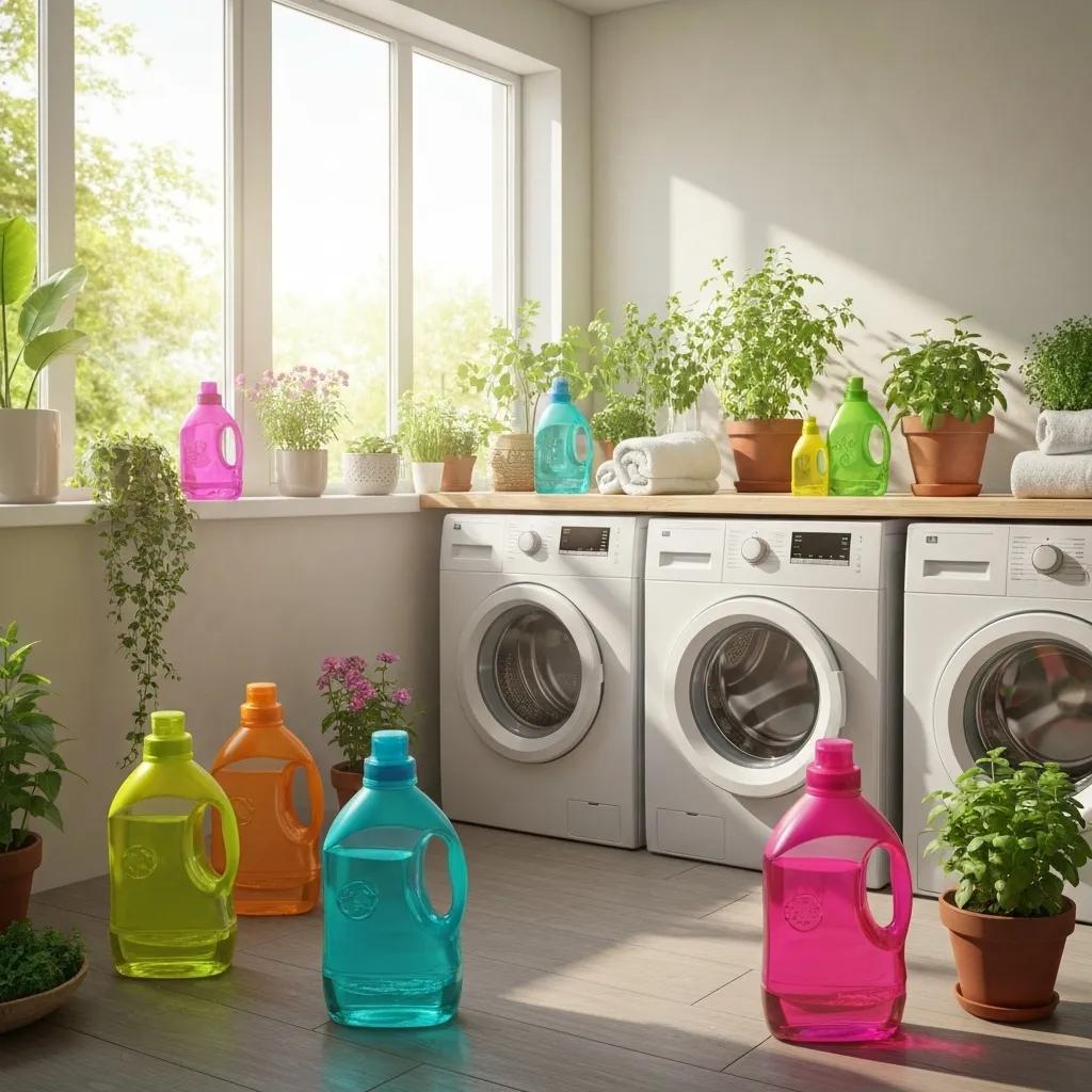 Eco-friendly laundry practices with biodegradable detergents and energy-efficient machines in a bright setting