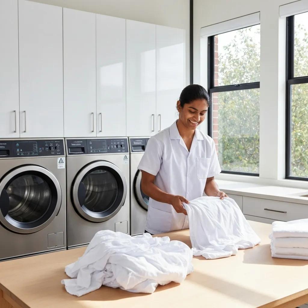 Professional laundry service with staff member in a clean, organised environment showcasing eco-friendly practices