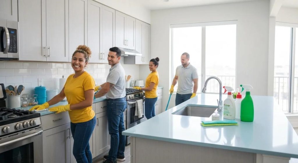 Professional cleaning team using eco-friendly products in a modern kitchen during end of lease cleaning