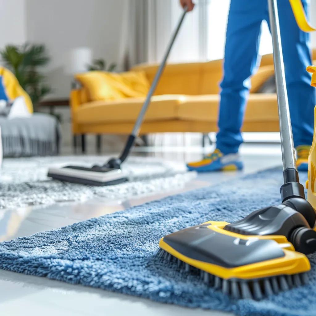 Professional cleaning team restoring a living room after a party, emphasizing cleanliness and efficiency