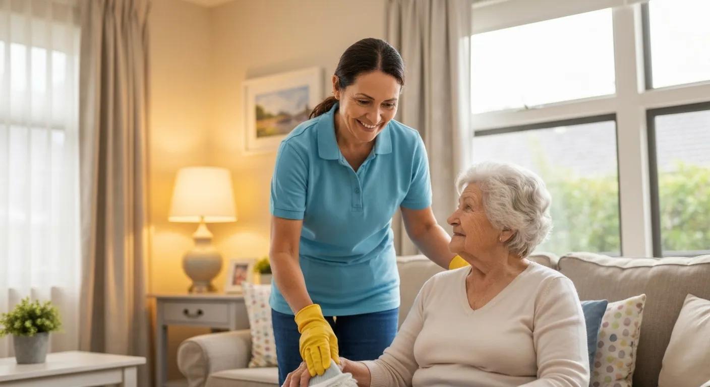 Cleaner assisting elderly person in a cozy living space, highlighting specialized NDIS and aged care cleaning services
