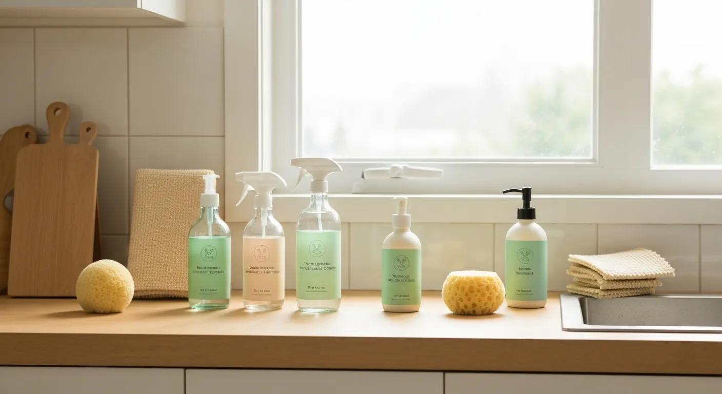 Eco-friendly cleaning products on a kitchen counter highlighting sustainable cleaning practices