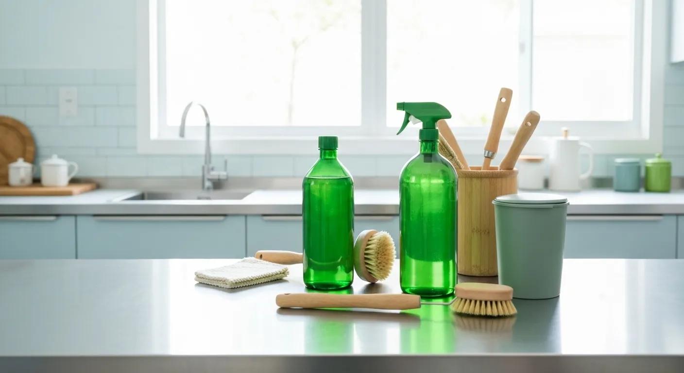 Variety of eco-friendly cleaning supplies and tools in a clean kitchen representing services in Keysborough