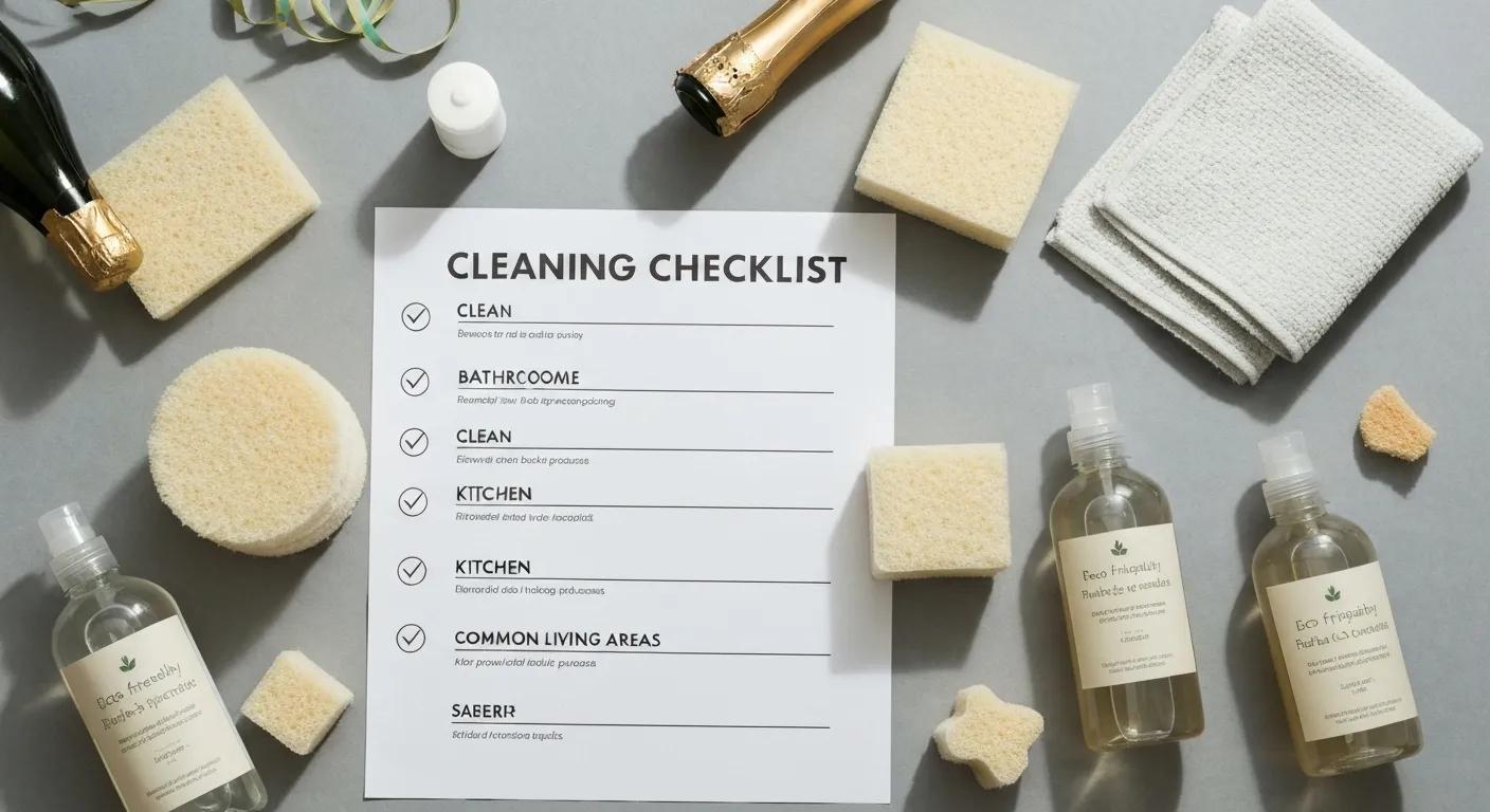 Flat lay of a cleaning checklist with eco-friendly supplies ready for after party cleaning
