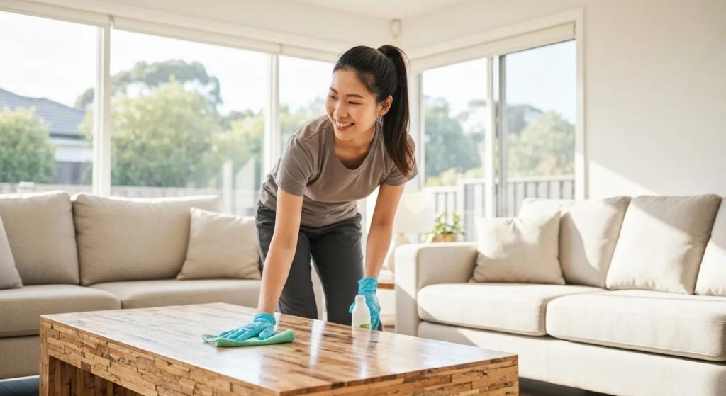 Professional cleaner in a bright living room using eco-friendly products, showcasing residential cleaning services in Melbourne Bayside