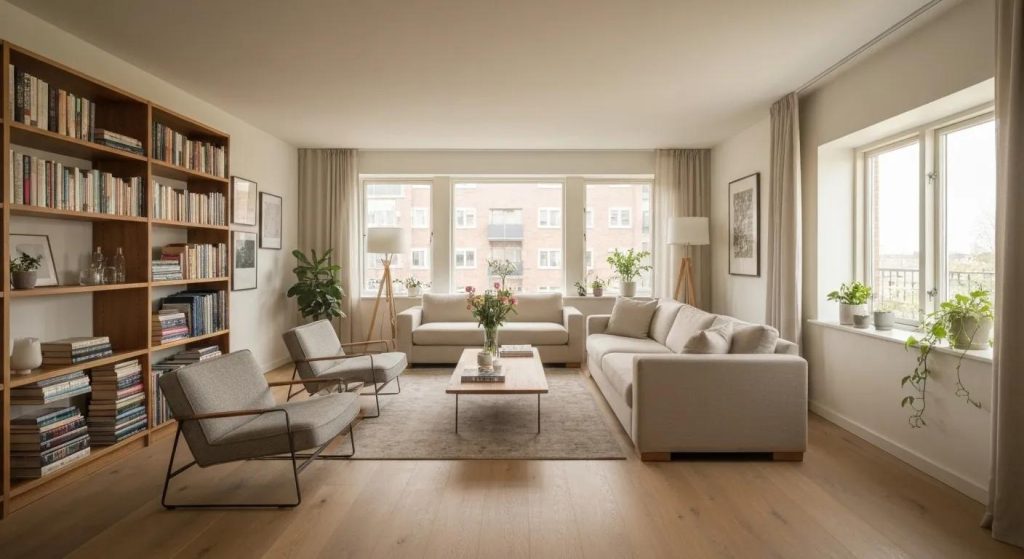 Clean living room after a party showcasing a tidy and inviting space