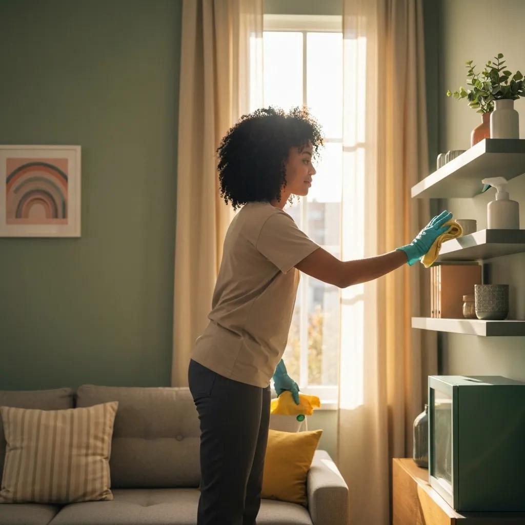 Professional cleaner tidying a bright living room with eco-friendly products in Melbourne Bayside