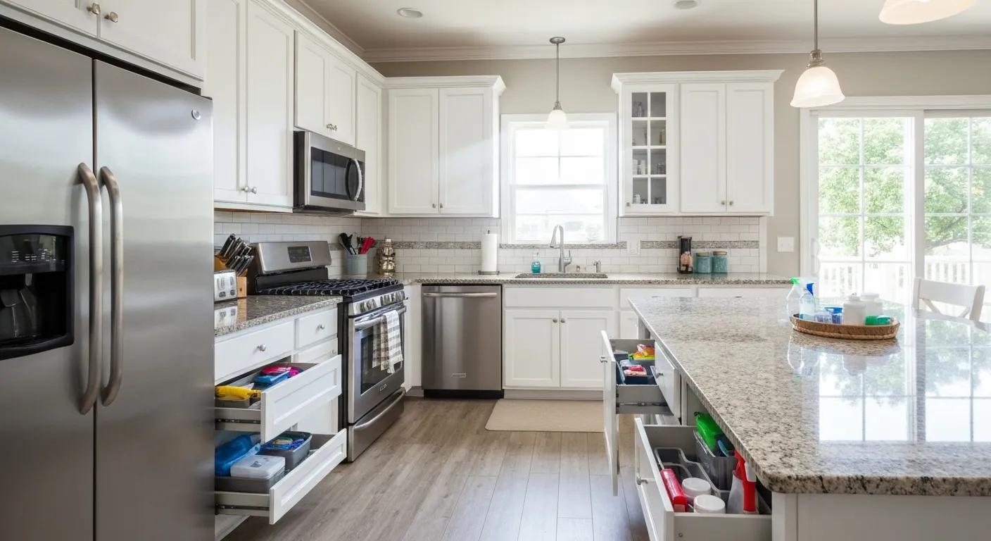 Spotless kitchen with a cleaner sanitizing surfaces, representing standard residential cleaning tasks