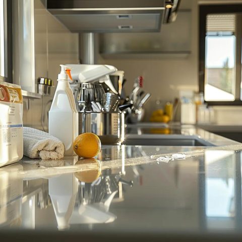 Spotlessly clean kitchen showcasing sanitized surfaces and organized appliances after a party cleanup