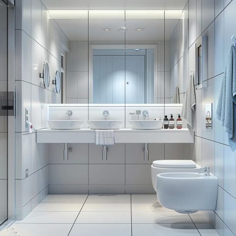 Pristine bathroom with sanitized fixtures and polished surfaces, illustrating effective post-party cleaning